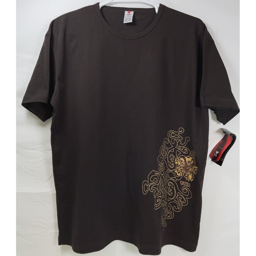 NWT Men's TYR Surf Hibiscus Short Sleeve T-Shirt Brown & Gold -‎ XXL